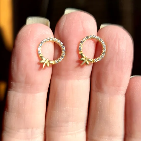 Dainty dragonfly on a circle of white Topaz sterling & gold Earrings - Picture 3 of 6